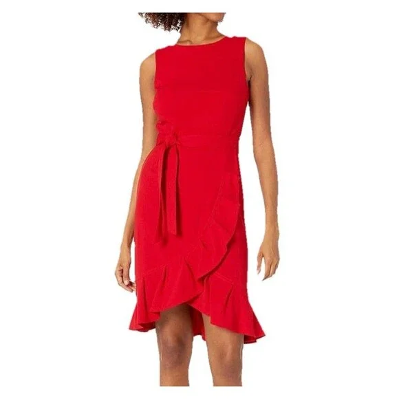 calvin klein red dress with ruffle Calvin Klein | Dresses | Calvin Klein Red Sleeveless Dress Size 4 Faux Wrap  Belt Bottom Ruffle